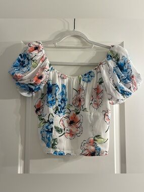 Floral Off-Shoulder Smocked Crop Top - White/Blue/Pink